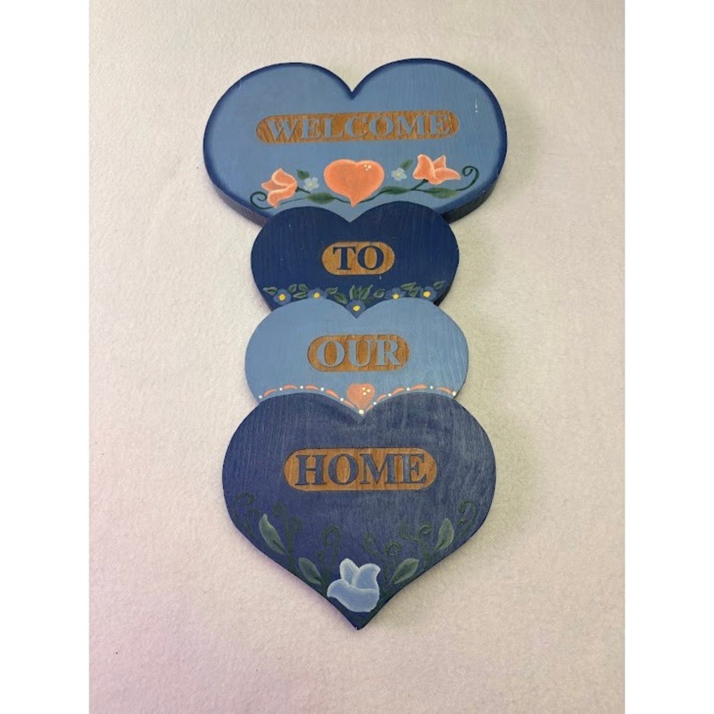 Handmade Welcome To Our Home Sign Wall Plaque Blue Wood Hearts Vtg 1989‎ Cottage